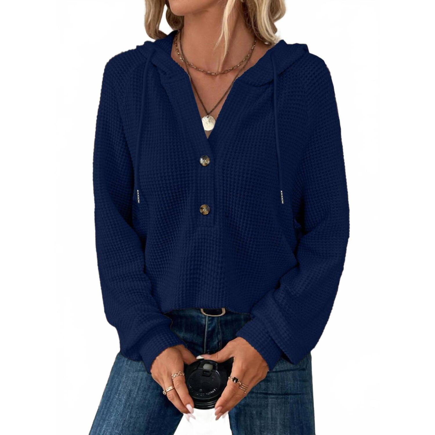 New Lily Clothing Waffle Button-Up Hoodie Pullover In Navy